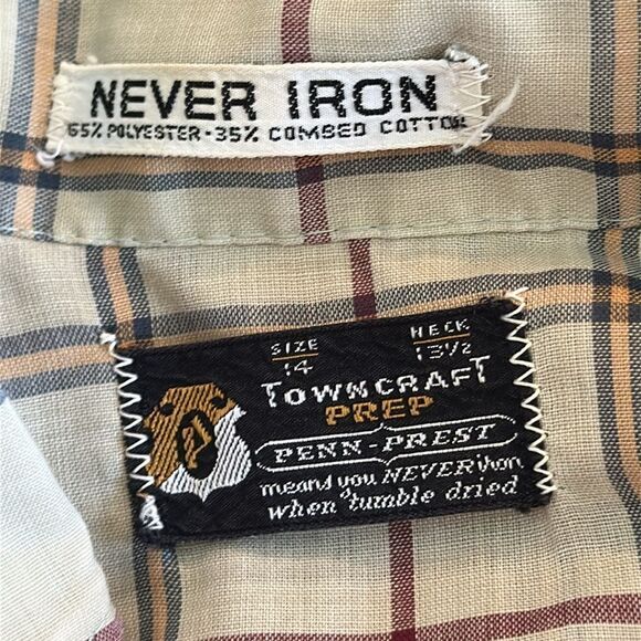 Vtg  60s/70s Towncraft Tan Plaid Polyester/Cotton Button Down Long Sleeve Shirt - Picture 8 of 8